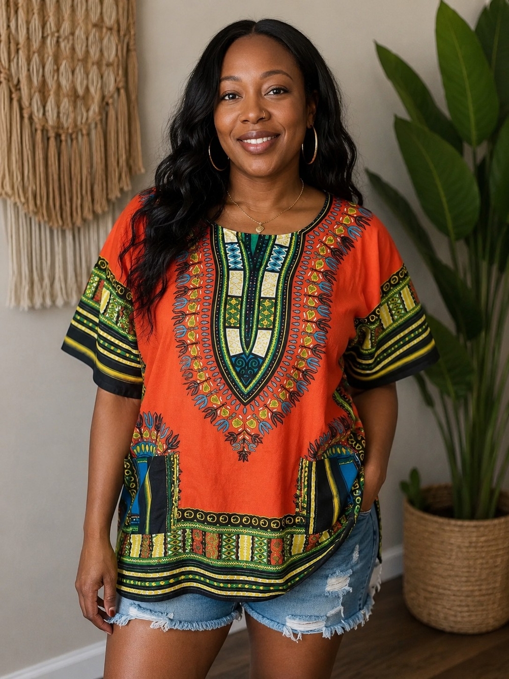 Vibrant Orange Dashiki Short Sleeve Tunic Top